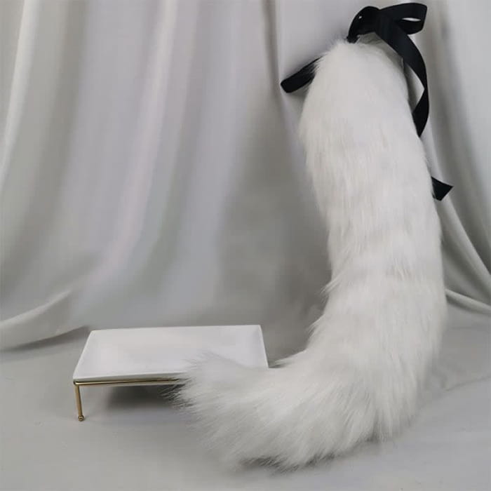White Furry Fox Ears Tail Headband Accessory - One Size