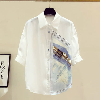 White Irregular Painting Print Chiffon Lapel Shirt - S