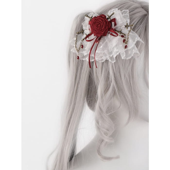 White Lace Red Rosette Bowknot Hairclips