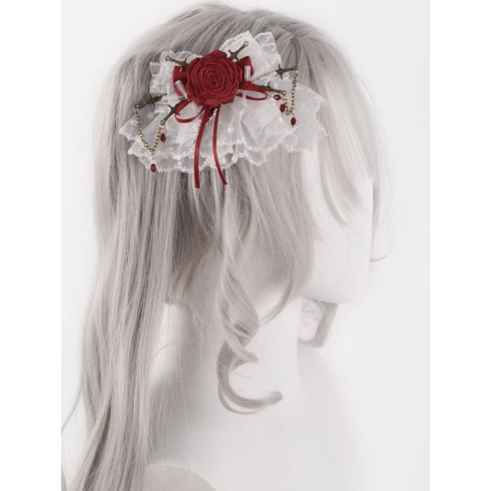 White Lace Red Rosette Bowknot Hairclips