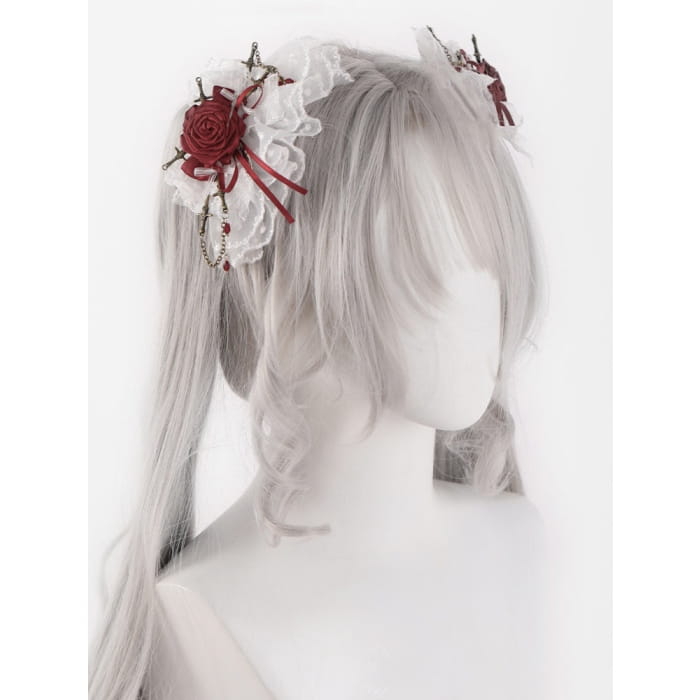 White Lace Red Rosette Bowknot Hairclips