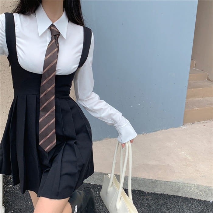 White Shirt Pleated Suspender Skirts Tie Set