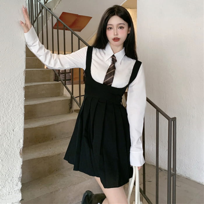 White Shirt Pleated Suspender Skirts Tie Set