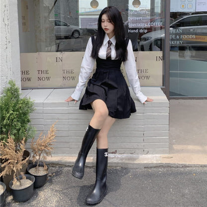 White Shirt Pleated Suspender Skirts Tie Set