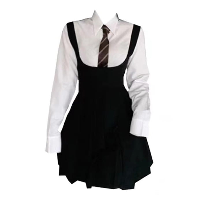 White Shirt Pleated Suspender Skirts Tie Set - & Black