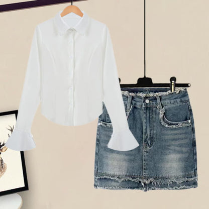 White Sleeve Lapel Lace Up Shirt Denim Skirt Set - M