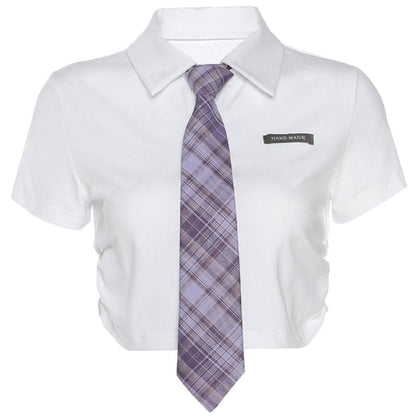 White Tie Polo Collar Cotton Slim Shirt - S