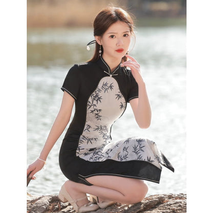 White with Black Bamboo Cheongsam - Female Hanfu