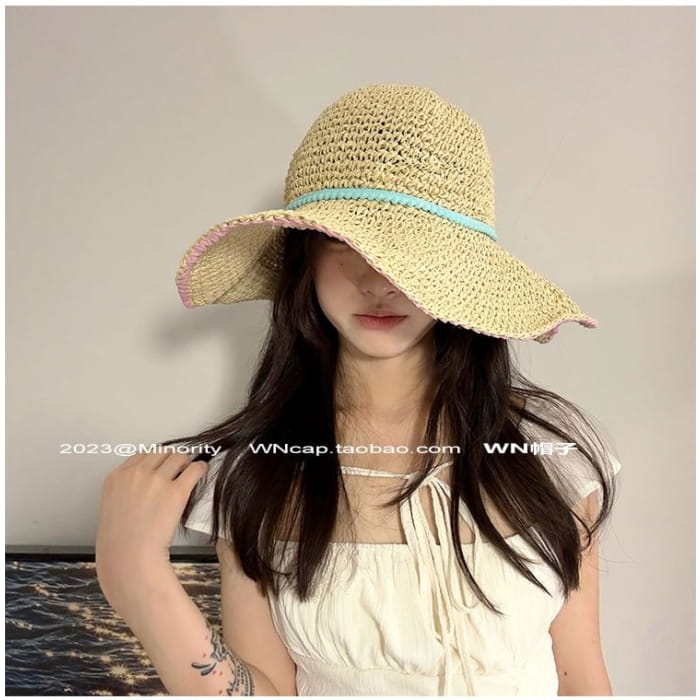 Wide Brim Summer Straw Hat With Blue Band