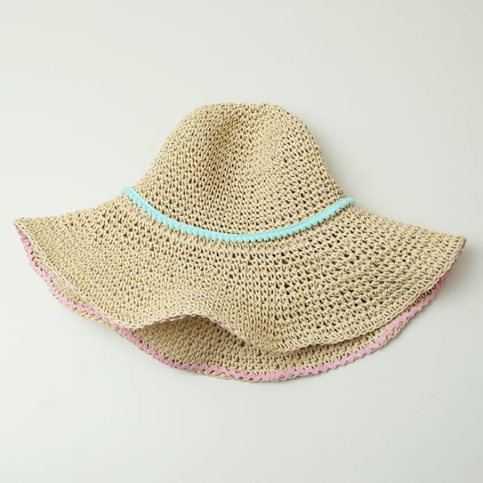 Wide Brim Summer Straw Hat With Blue Band - Almond Beige