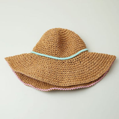 Wide Brim Summer Straw Hat With Blue Band - Khaki / One Size