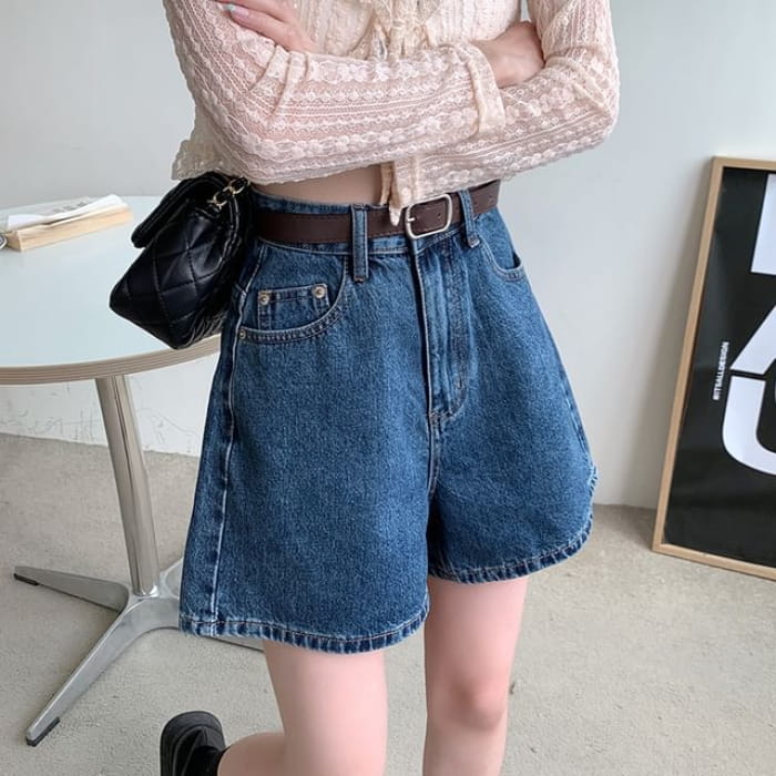 Wide Leg Denim Shorts - Dark Blue / S