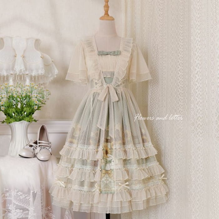 Wide Strap Floral Print Midi A-Line Layered Lolita Dress