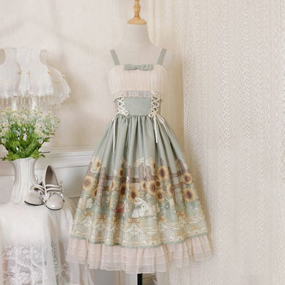 Wide Strap Floral Print Midi A-Line Layered Lolita Dress