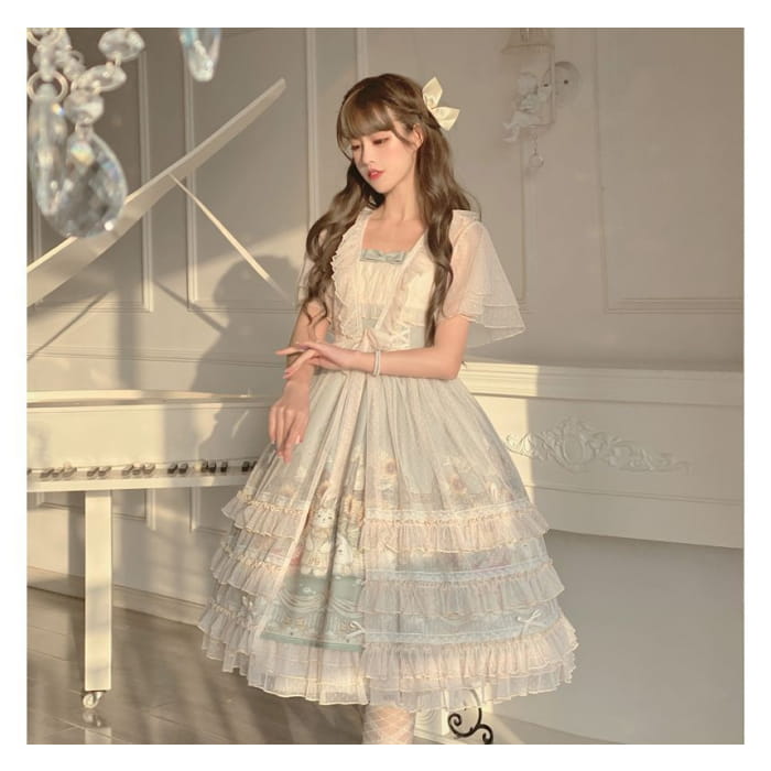 Wide Strap Floral Print Midi A-Line Layered Lolita Dress