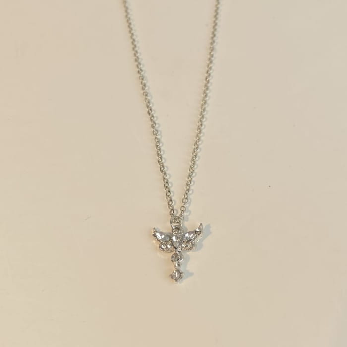 Wing Rhinestone Pendant Necklace - 1pc - Silver / One Size