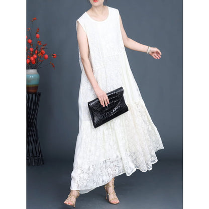 Women Artsy Summer Lace Embroidery Dual-layer Vest Dress