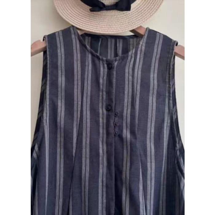 Women Black Striped Tie Waist Long Vest Dress Summer VB1031