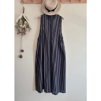 Women Black Striped Tie Waist Long Vest Dress Summer VB1031