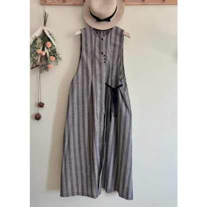 Women Black Striped Tie Waist Long Vest Dress Summer VB1031