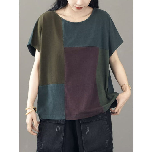 Women Casual Colorblock Cotton Pullover Shirt BN1014