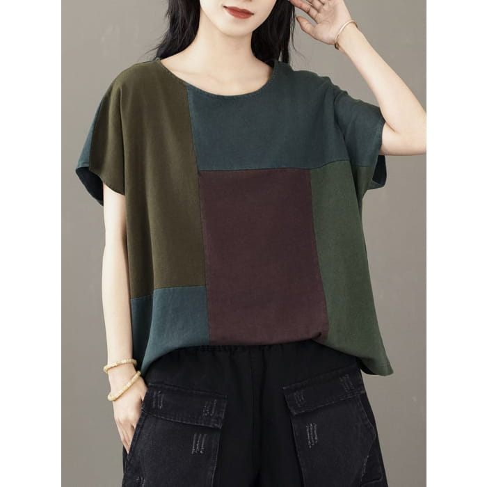 Women Casual Colorblock Cotton Pullover Shirt BN1014 - Tops