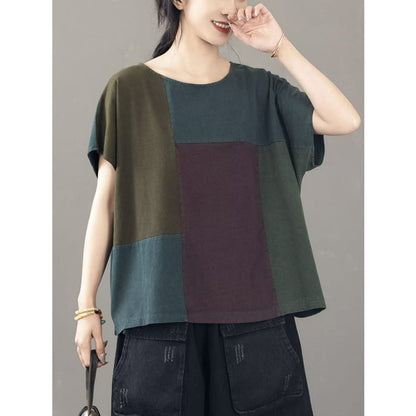 Women Casual Colorblock Cotton Pullover Shirt BN1014 - Tops