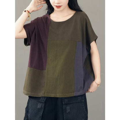 Women Casual Colorblock Cotton Pullover Shirt BN1014 - Tops