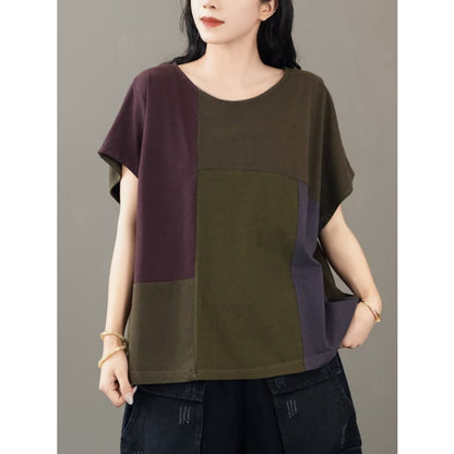 Women Casual Colorblock Cotton Pullover Shirt BN1014 - Tops