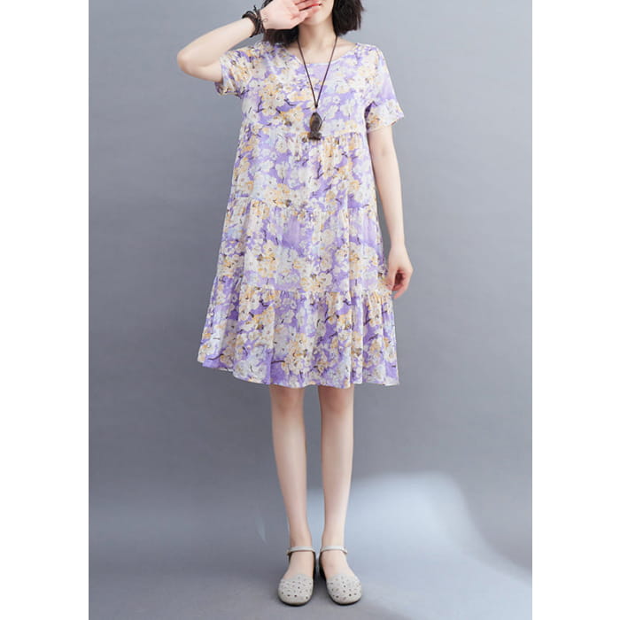 Women Light Purple Patchwork Print Mid Dresses Short