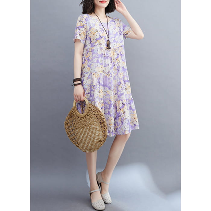 Women Light Purple Patchwork Print Mid Dresses Short