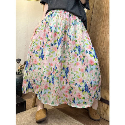 Women Summer Artsy Floral Dual-layer Ramie Skirt BN1041