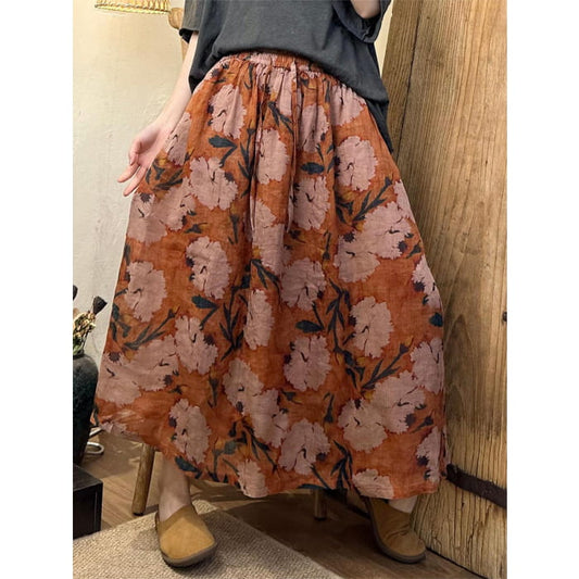 Women Summer Artsy Floral Dual-layer Ramie Skirt BN1041
