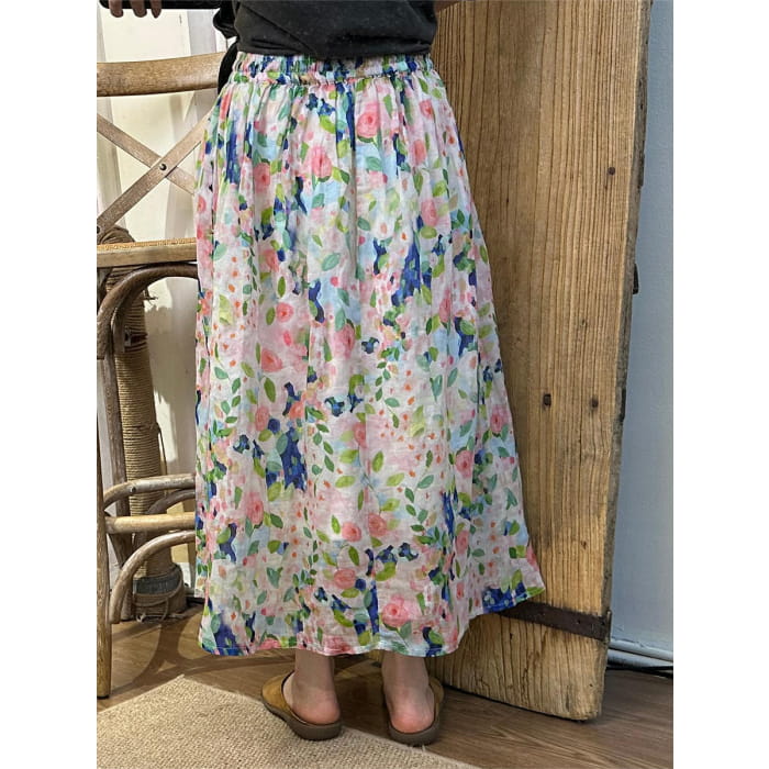 Women Summer Artsy Floral Dual-layer Ramie Skirt BN1041