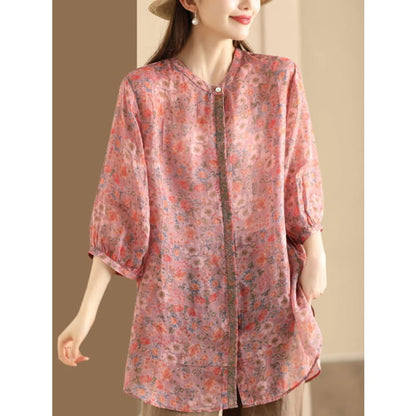 Women Summer Artsy Floral Spliced Ramie Long Shirt BN1007