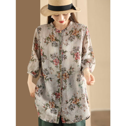 Women Summer Artsy Floral Spliced Ramie Long Shirt BN1007