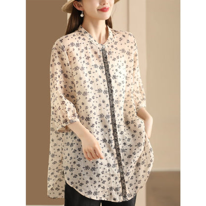 Women Summer Artsy Floral Spliced Ramie Long Shirt BN1007