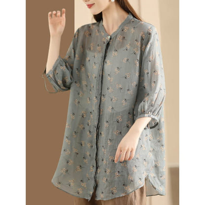 Women Summer Artsy Floral Spliced Ramie Long Shirt BN1007