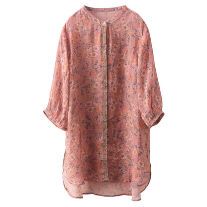 Women Summer Artsy Floral Spliced Ramie Long Shirt BN1007