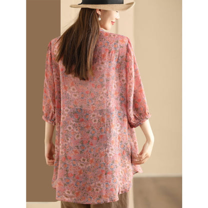 Women Summer Artsy Floral Spliced Ramie Long Shirt BN1007