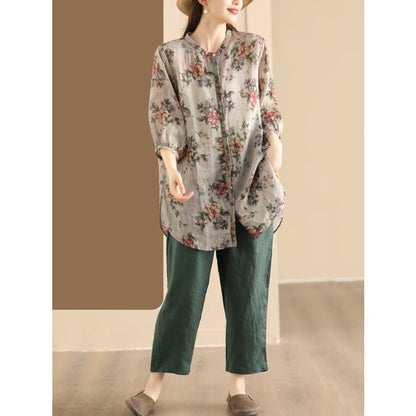 Women Summer Artsy Floral Spliced Ramie Long Shirt BN1007