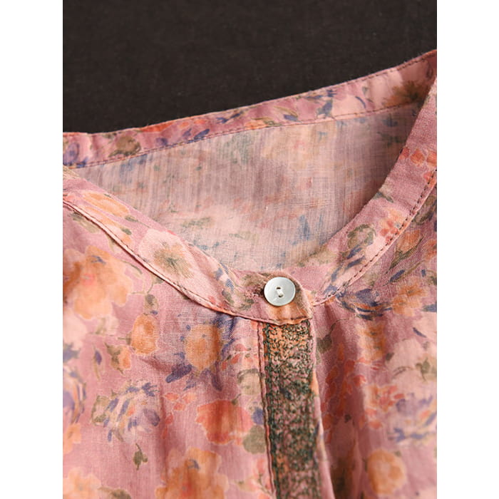 Women Summer Artsy Floral Spliced Ramie Long Shirt BN1007