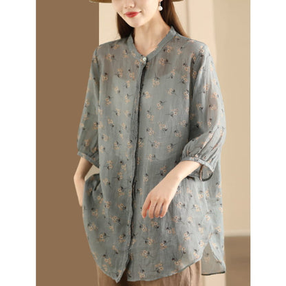 Women Summer Artsy Floral Spliced Ramie Long Shirt BN1007