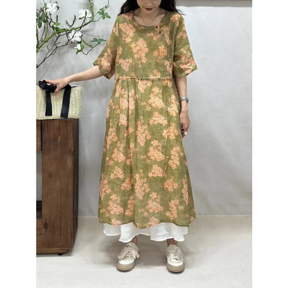 Women Summer Artsy Floral Strap O-Neck Ramie Dress BN1016