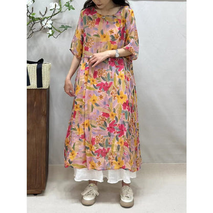 Women Summer Artsy Floral Strap O-Neck Ramie Dress BN1016