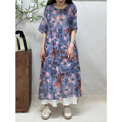 Women Summer Artsy Floral Strap O-Neck Ramie Dress BN1016