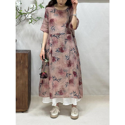 Women Summer Artsy Floral Strap O-Neck Ramie Dress BN1016