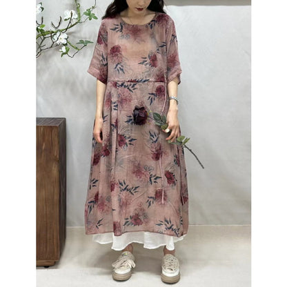 Women Summer Artsy Floral Strap O-Neck Ramie Dress BN1016