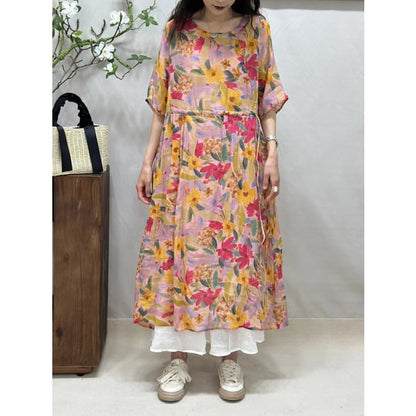 Women Summer Artsy Floral Strap O-Neck Ramie Dress BN1016