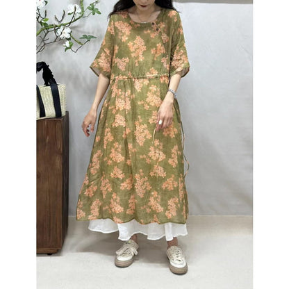 Women Summer Artsy Floral Strap O-Neck Ramie Dress BN1016